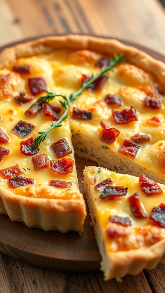 A slice of quiche Lorraine with bacon and cheese on a wooden table, garnished with herbs.